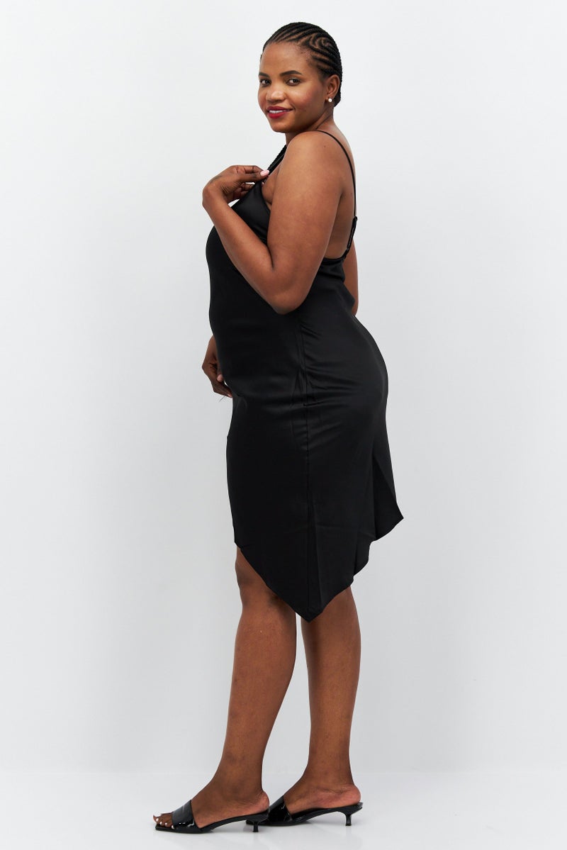 Flounce London Women Plus Size Plain Asymmetric Hem Mini Dress, Black - Image 2